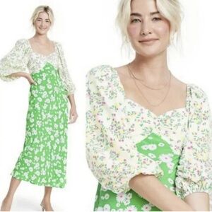 RIXO for Target Floral Balloon Sleeve A Line Midi Maxi Dress Green Rayon Boho 8